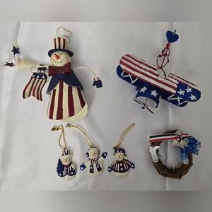 6 Vintage Patriotic Christmas  Ornaments 2-6" Plane Snowman Wreath USA